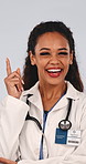 Doctor, face and happy woman with solution in studio and confident with treatment plan or healthcare. White background, medical specialist and person with ideas, excited and problem solving in Brazil