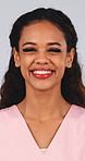 Face, woman and nurse in studio with smile, career pride and about us for medical assistance. Portrait, person and laughing with ambition, positive attitude and healthcare service on white background
