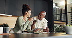 Cheers, coffee or happy couple with tablet in home for loan settlement, finance goals or pride. Laugh, african people or beverage toast with tech for credit balance, financial security or celebration