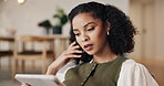 Tablet, frustrated and woman in home with internet issue, connection problem and network delay. House, upset and African person on digital tech for notification, loading website and slow download