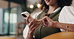 Hands, woman and scroll in home with phone, social media and browsing website in living room. Female person, relax and reading at house with mobile, communication and download ebook for weekend break