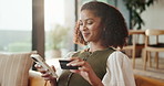 Home, phone and happy woman with credit card for online shopping, payment or purchase. Female person, shopper or smile with debit or smartphone on sofa for ecommerce or mobile banking app in house