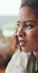 Frustrated, woman and disgust with argument in home for fight, conflict or toxic relationship. Upset, female person or ignore with stress or regret for affair, disagreement or disappointment in house