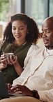 Couple, laptop and support with talk on sofa for startup proposal, venture progress or trust. Entrepreneur, african people or tech in home for small business plan, pitch update or bonding with coffee