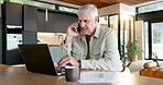 Phone call, laptop and businessman in home with remote work for approval on investment proposal. Computer, cellphone and mature male financial manager on mobile discussion for finance revenue.