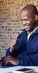 Fist pump, black man and architect with laptop on site with approval for renovation, building or construction. Celebration, computer and male engineer with positive feedback on property development.