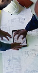 Above, tablet screen and people with blueprint for construction, planning and building project. Architecture, workers and hands with layout, paperwork and tech for remodeling, engineering and meeting