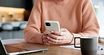 Typing, phone or hands with woman, digital app for social media or internet for ebook subscription. Online library, website info or person in home, tech for communication, scroll or connection