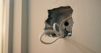 Wall, cable and open with outlet for electrical work, protection or wiring safety in building. Empty, hole or electric installation with power for system maintenance, fitting or home improvement