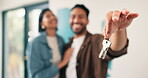 Real estate, couple or hand in house with key, safety access and investment in dream home. Security, bokeh and people with purchase together, property success or moving achievement for new homeowners