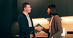 Tablet, woman and handshake with plumber in kitchen, maintenance deal or house renovation. Tech, home and shaking hands for repair service agreement, smile and thank you for fix with customer