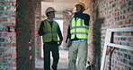 Construction, men or site inspection with pointing for masonry safety, wall structure or compliance. Architect, foreman and tech in building for defect management, quality control or phase assessment