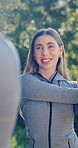 Fitness, woman and talk with stretching at park to start exercise, muscle preparation or instructor. Happy, athlete or trainer with arm warm up outdoor for morning wellness, getting ready or speaking