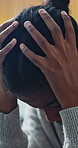 Stress, anxiety and black woman in home with bad news, breakup or panic attack in living room. Mental health, depression and African female person with disappointment, frustration or overwhelmed.