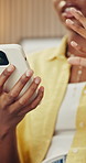 Cellphone, hands and businesswoman in office for texting, communication or social media on mobile app. Research, typing and female person with phone for chatting, networking or email in workplace.