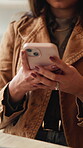 Woman, texting and hands with phone for message, networking or communication with contact on website. Person, typing and chatting on social media, internet connection and online dating on mobile app