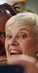 Friends, selfie and senior women on break in nursing home, profile picture and post for social media. Old people, photography and bonding with smile, retirement and internet connection for memory