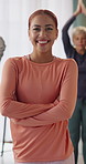 Yoga, smile or coach in nursing home with arms crossed, pride or career growth as holistic health trainer. Happy, confidence or instructor with old people, about us or ambition in retirement wellness