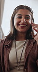 Smile, phone call and woman in home for connection, hello and talking for gossip update on weekend. Mobile, happy person and conversation with contact for agreement, feedback or greeting at apartment