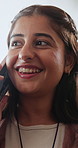 Smile, phone call and woman in home for talking, hello and connection for gossip update on weekend. Mobile, happy person and conversation with contact for agreement, feedback or greeting at apartment