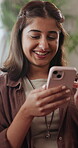 Woman, laugh and texting with phone in lounge, network or communication with contact on social media. Happy person, online and chat with mobile, internet connection and reading funny message in house