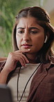 Laptop, thinking and woman with earphones for remote work glitch, problem solving or venue doubt. Freelance event planner, audio and person reading at home with tech error, confused or vendor mistake
