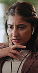 Reading, confused and woman with earphones for remote work glitch, newsletter review or solution. Freelancer, audio and person in home with tech for thinking, error or problem resolution with article