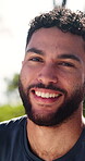 Laughing, runner and face with man in nature for health, funny joke and workout break. Wellness, athlete training and fitness with male person outdoor for exercise commitment, self care and sports