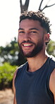 Laughing, fitness and face with man in nature for health, funny joke and workout break. Wellness, athlete training and runner or male person outdoor for exercise commitment, self care and sports