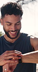 Man, outdoor and exercise break with smart watch for heart rate tracker, fatigue or smile for fitness. Tired, runner rest or person in nature with wearable tech, cardio training or happy for wellness