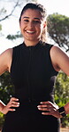 Laughing, runner and face with woman in nature for health, happiness and workout break. Wellness, athlete training and fitness with female person outdoor for exercise commitment, self care and joke