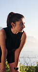 Runner, thinking and tired with woman in nature for resting stop, fitness break and vision. Health, exercise recovery and exhausted with person outdoor for fatigue, reflection and endurance training