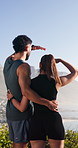 Back, couple and mountain view with exercise break for fitness challenge, support and workout outdoor. Active, married people and runner in nature with training recovery, wellness and ocean scenery.