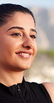 Thinking, fitness and happy with woman in nature for health, smile and workout break. Wellness, athlete training or runner or female person outdoor for exercise commitment, self care and vision