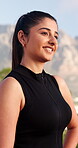 Thinking, fitness and smile with woman in nature for health, happiness and workout break. Wellness, athlete training or runner or female person outdoor for exercise commitment, self care and vision