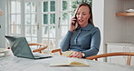 Woman, diary and laptop in house with phone call, remote work or discussion for calendar organization. Freelance, virtual assistant and person in home with computer, contact or schedule with planner.