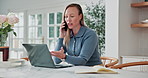 Woman, diary and laptop in home with phone call, remote work or discussion for calendar organization. Freelance, virtual assistant and person in house with computer, contact or schedule with planner.