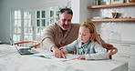 Father, daughter and help in kitchen with homework, problem solving and laptop for online education. Man, kid and discussion in home with notebook, elearning or knowledge growth for child development
