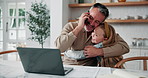 Dad, child and hug with phone call in home for multitasking, love or remote work on laptop. Happy father, daughter or kid with embrace, computer or smartphone for freelance business or discussion