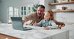 Father, child and laptop in kitchen with online education, problem solving or explain school tasks. Man, daughter and discussion in home with computer, elearning homework or knowledge for development