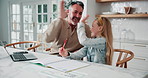 Dad, teaching or high five with child in home for education, assessment or learning success. Happy father, kid or proud mentor with girl student or laptop for good job, well done or tutoring in house