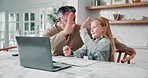 Father, child and high five with laptop for online education, academic success and proud in house. Man, daughter and talk in home with computer, elearning and celebration for knowledge development.