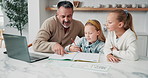 Father, children and help in house with homework, problem solving and laptop for online education. Man, girl kids and discussion in home with notebook, elearning and knowledge growth for development.