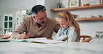 Home, dad and support sad child with homework for learning disability, lesson frustration or help. Homeschool, mature father and girl with dyslexia for activity struggle, encourage study or workbook