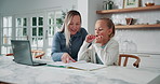 Teaching, child or learning with happy mom in home for education, assessment or development. Mother, kid or laughing with academic daughter, student or laptop for homework, guide or tutoring in house