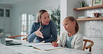 Mom, child or fight with homework for learning difficulty, ADHD or development in home. Frustrated mother, shouting or discussion with kid, daughter or girl for education, help or support in house