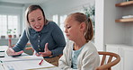 Mom, child and refuse homework in home for learning disability, academic frustration or difficulty. Homeschool, mother or girl with dyslexia at table for lesson struggle, education help or resistance