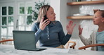 Phone call, mom and frustrated with child for remote work, behavior problem or distraction in home. Papers, girl with adhd or mother on mobile chat for freelancing, disruptive or attention at laptop