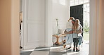 Kids, hug and father at house for greeting, anticipation and affection for homecoming. Children, running and embrace with man for welcome home, family reunion and bonding together for parent arrival