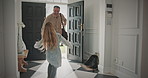 Child, running and father at house for greeting, anticipation and affection for homecoming. Excited, daughter and hug with man for welcome home, family reunion and bonding together for parent arrival